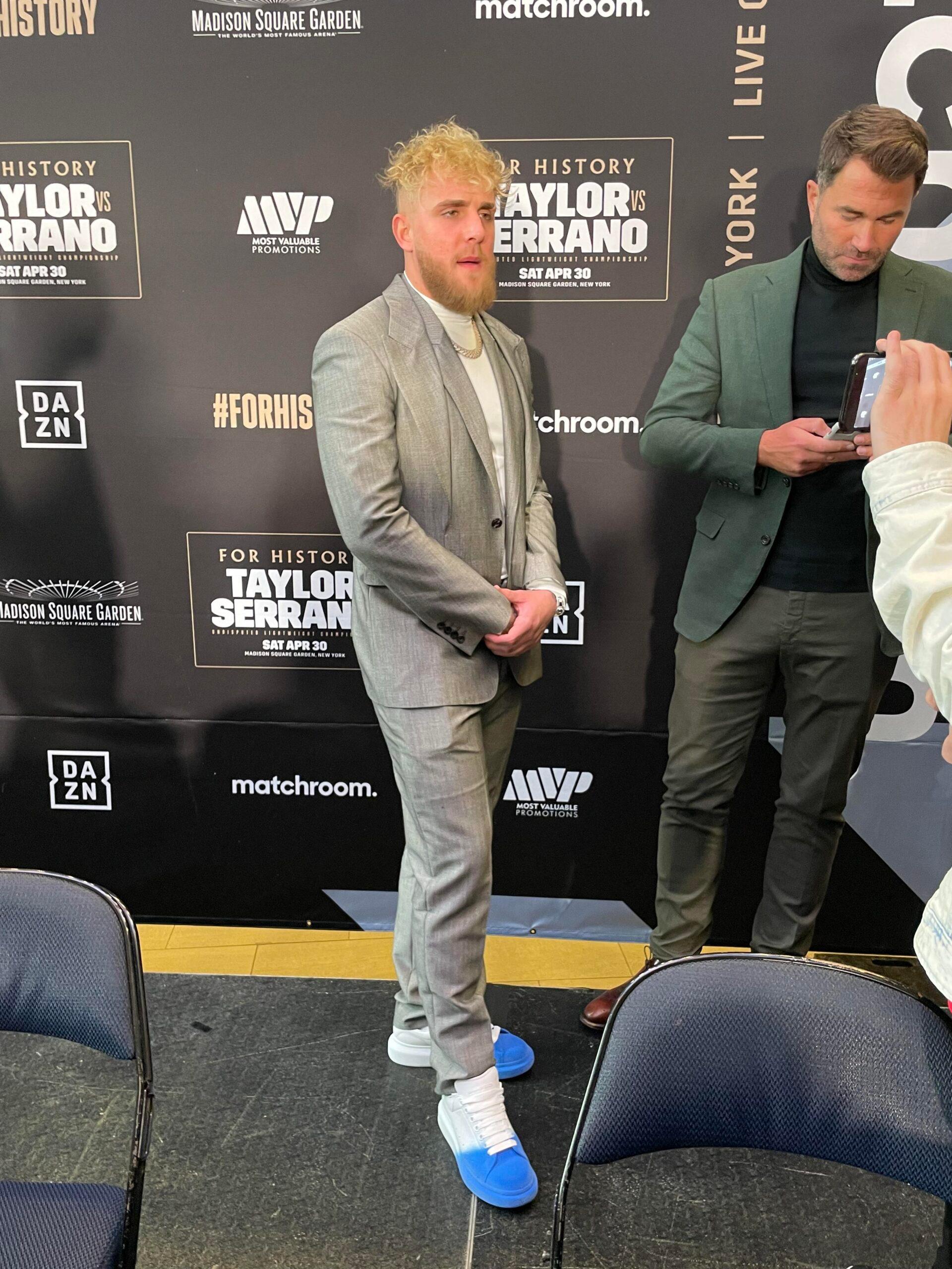 Jake Paul is swarmed by media as girlfriend Julia Rose sits front row to watch the action at boxing event inside MSG