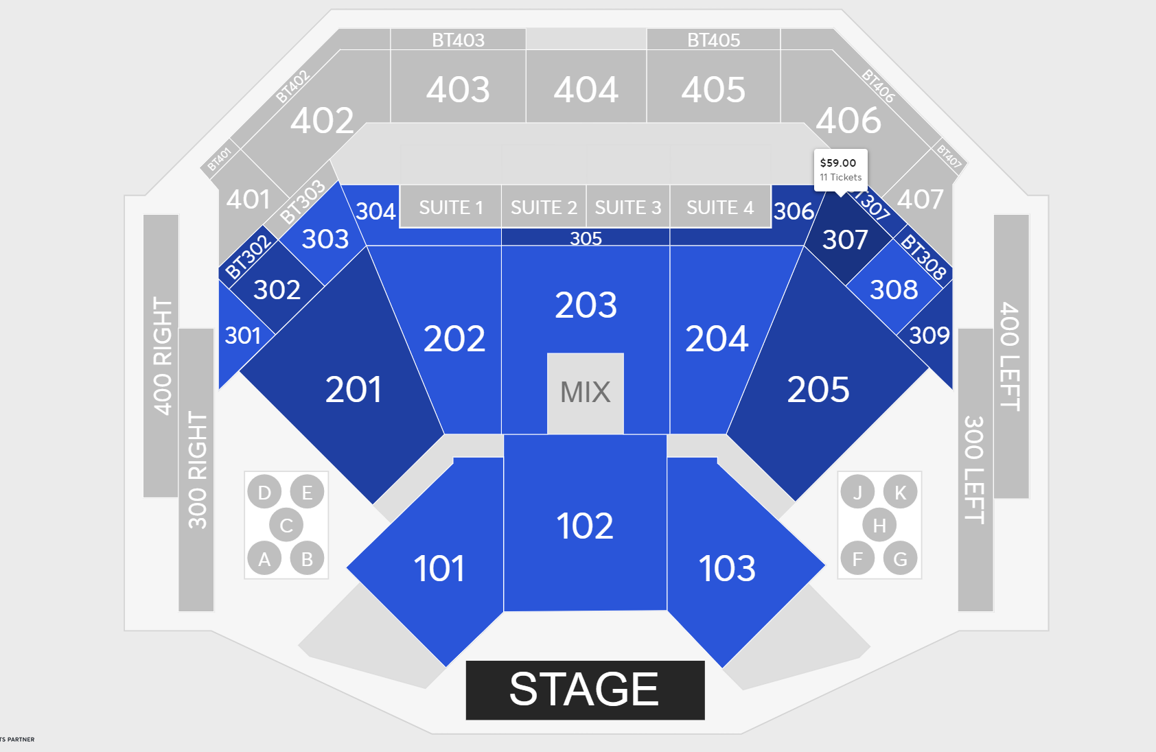 Seats in the 300s are priced at $59, while tickets in the 200s are $89, and seats in the 100s are $99