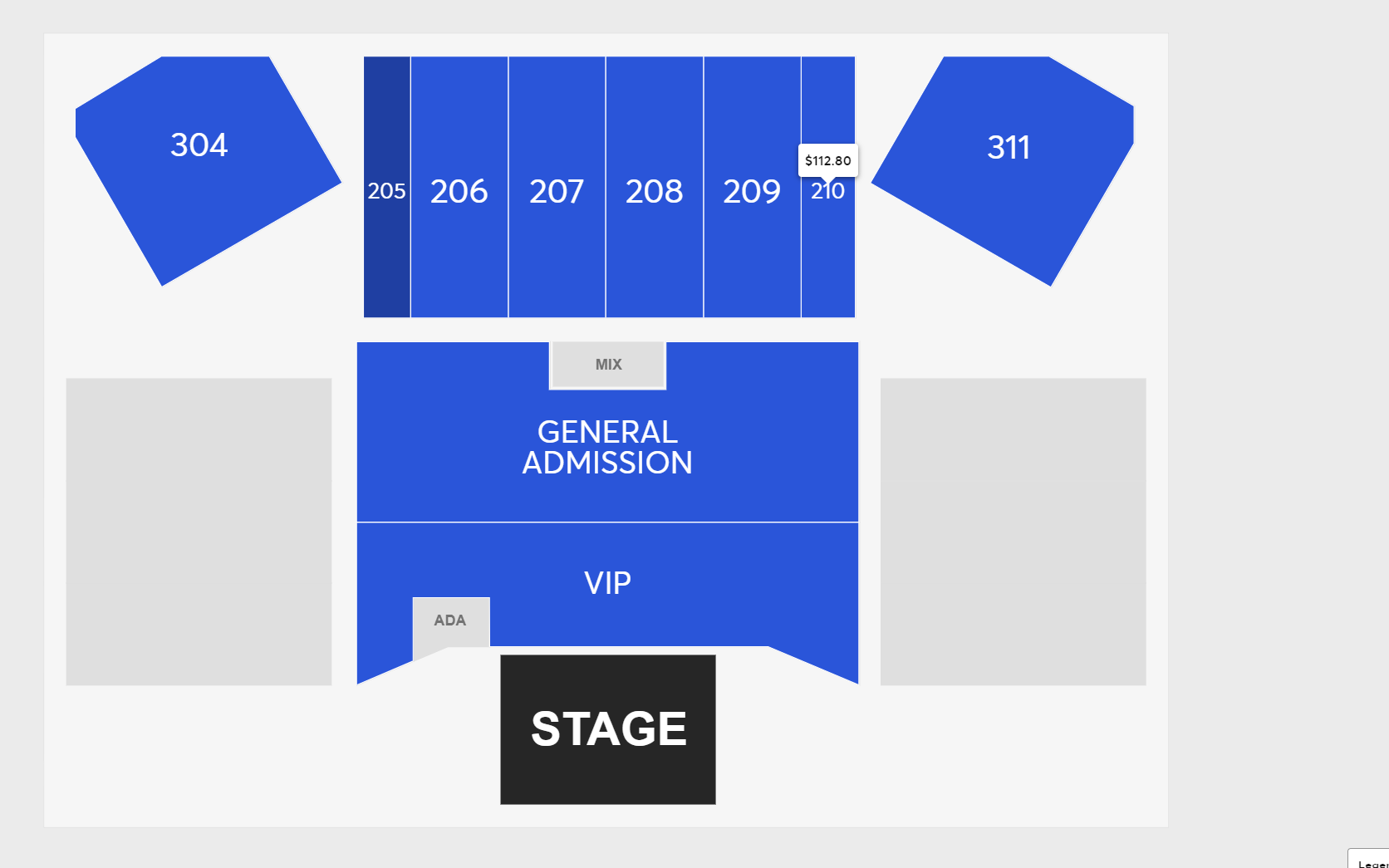 General Admission seats are priced at $92.30, while seats in the 200s are priced at $123, seats in the 300s are $102, and VIP seats are $427