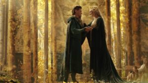The Lord of the Rings the Rings of Power featuring Galadriel and Elrond embracing