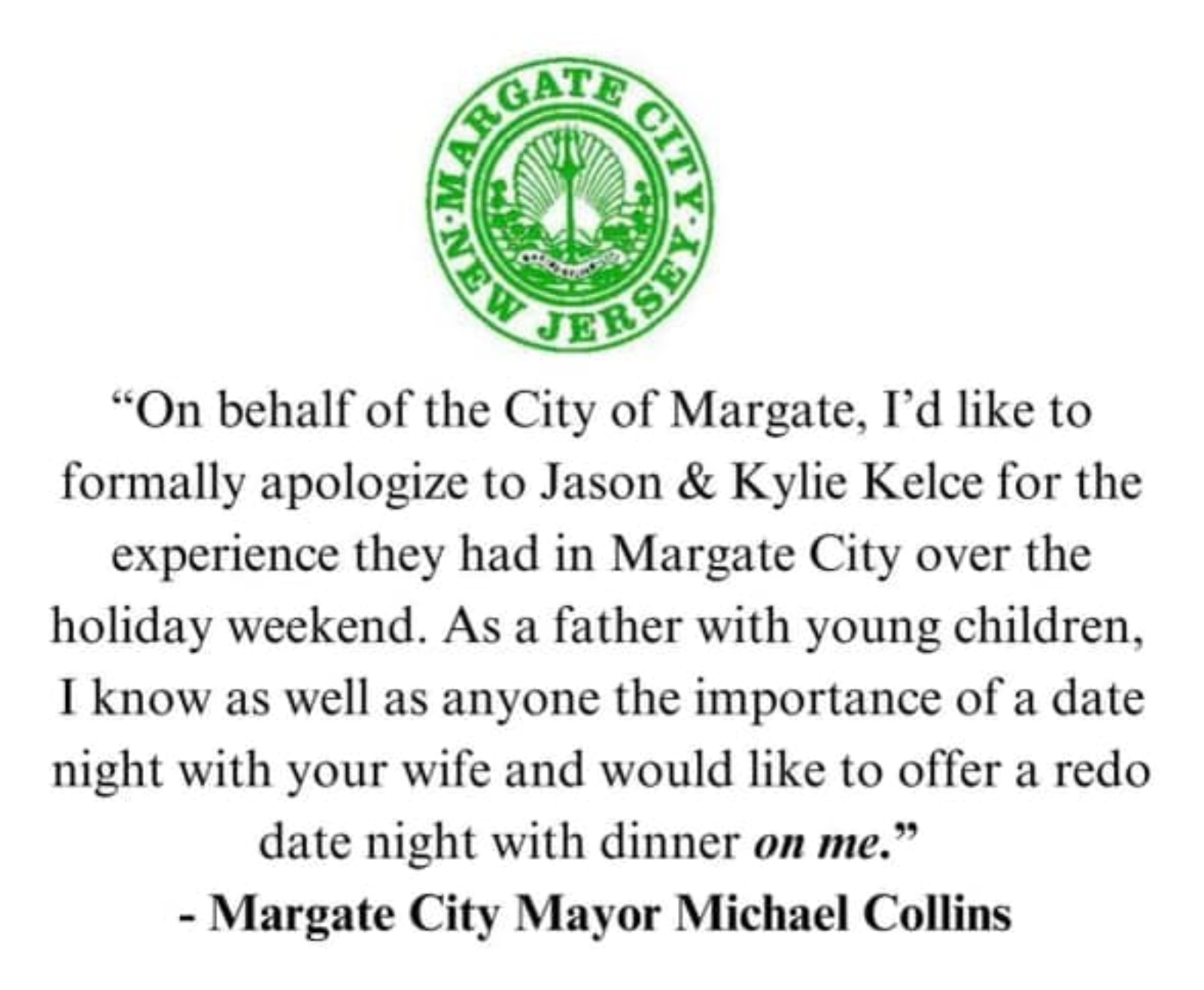 Margate New Jersey mayor apologizes to Jason and Kylie Kelce after incident