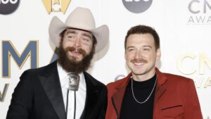 Post Malone (left) and Morgan Wallen on the red carpet at the 57th Annual CMA Awards on November 8, 2023 in Nashville, Tenn.