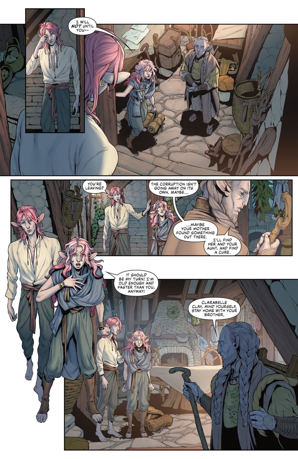 In a panel from In a panel from Critical Role: The Mighty Nein Origins — Caduceus Clay, two young firbolgs argue with an elder.