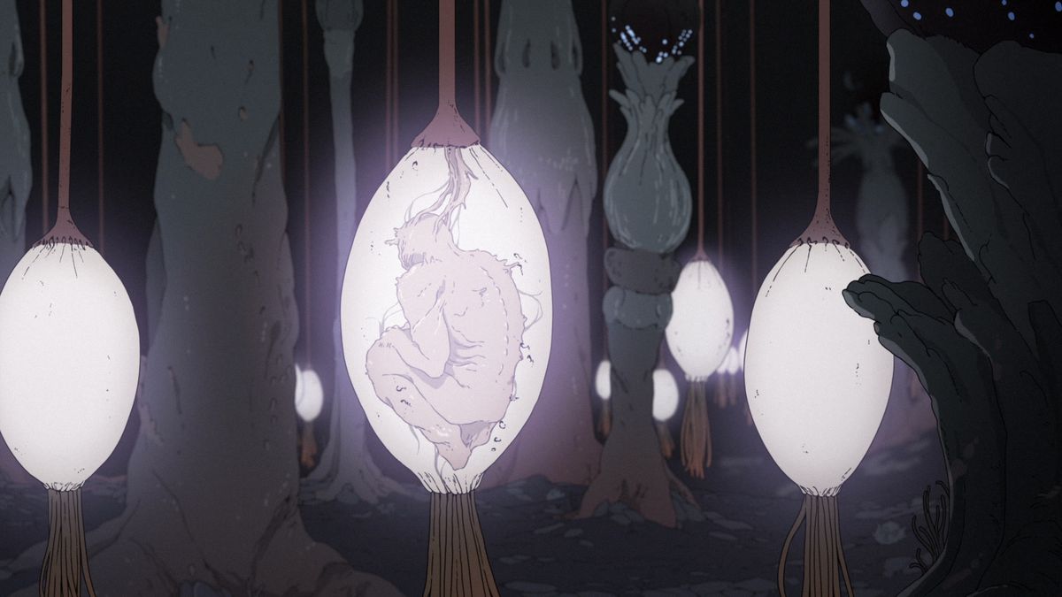 Luminescent pods grow from the ground while a man seems to grow inside of one in the animated series Scavengers Reign.