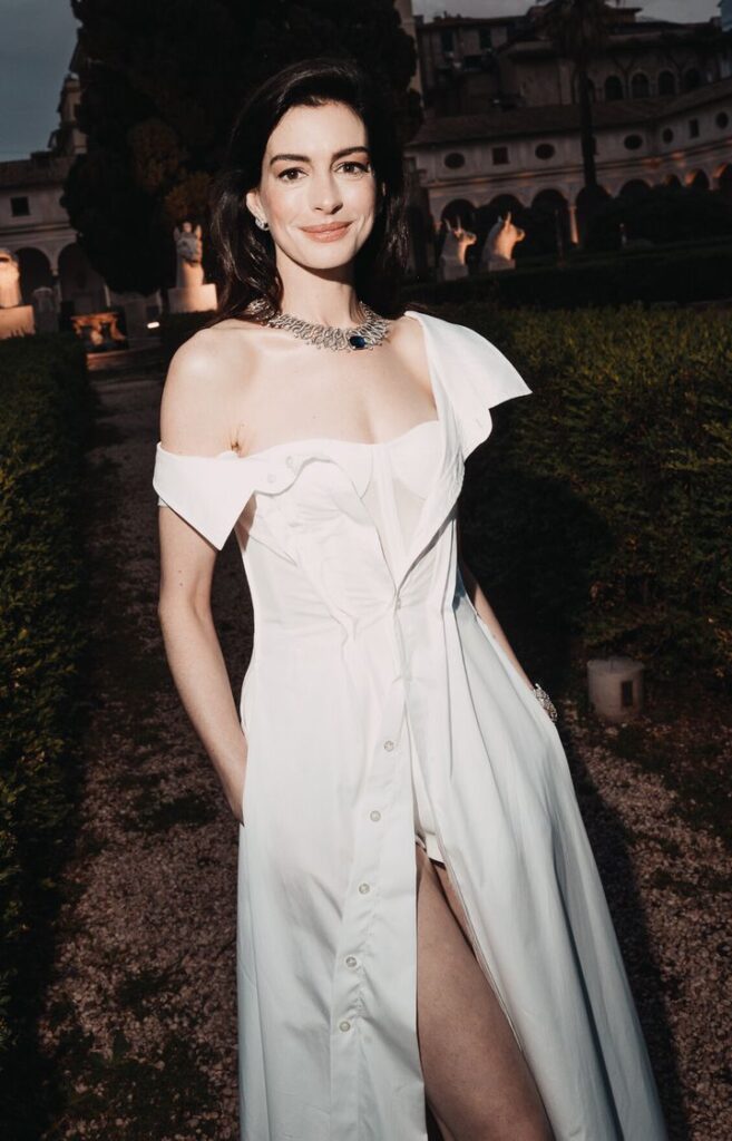 Anne Hathaway wears Gap at the Bulgari High Jewelry event on May 20 in Rome.