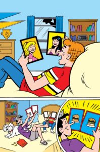A page from Archie: The Decision in which Archie lies on his bed holding pictures of Betty and Veronica, while Jughead lies near him looking at pictures of two cheeseburgers