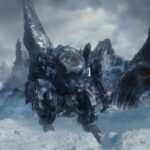 A mech suit traversing a snowy mountain area with fallen spaceship debris and lightning striking in the background