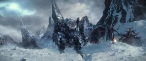 A mech suit traversing a snowy mountain area with fallen spaceship debris and lightning striking in the background