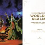 The title page from the Dungeons & Dragons Worlds & Realms book. The left page is old D&D art featuring a wizard by a cauldron. The right page is white with the title and author info.