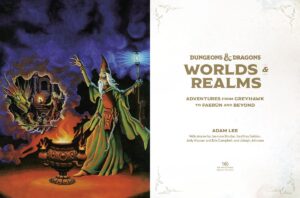 The title page from the Dungeons & Dragons Worlds & Realms book. The left page is old D&D art featuring a wizard by a cauldron. The right page is white with the title and author info.