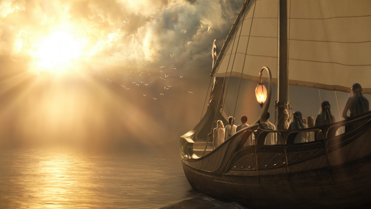 A ship sailing into the distance in Middle-earth from The Rings of Power.