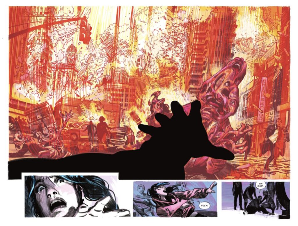 A double-page spread of a woman experiencing a vision of a city engulfed in fire and humans melting into phantasmagorical puddles of flesh in The Nice House on the Lake.