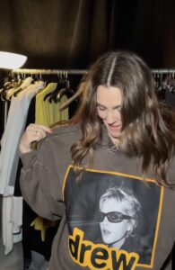 Drew Barrymore showed off the new hoodie from the Drew x Drew House collection