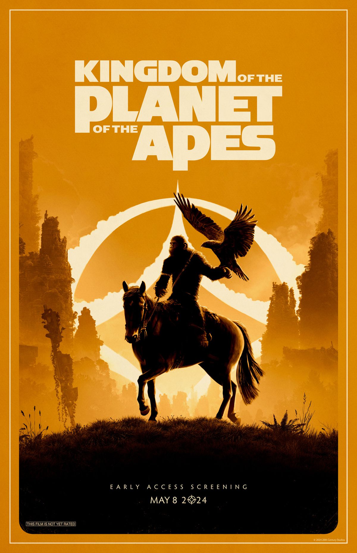 A stylized poster for Kingdom of the Planet of the Apes shows the chimp Noa on horseback, in silhouette, with an eagle on his arm, all at the top of a rise, with the symbol of the ape leader Caesar behind him and a vivid yellow-orange background
