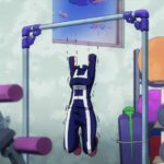 An invisible person in a blue and white jumpsuit doing pull-ups in a gym in My Hero Academia.