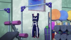 An invisible person in a blue and white jumpsuit doing pull-ups in a gym in My Hero Academia.