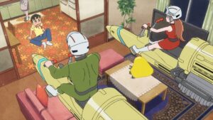 An concerned-looking anime boy staring at a man and woman in futuristic uniforms seated on a pair of futuristic vehicles floating in a living room in Time Patrol Bon.