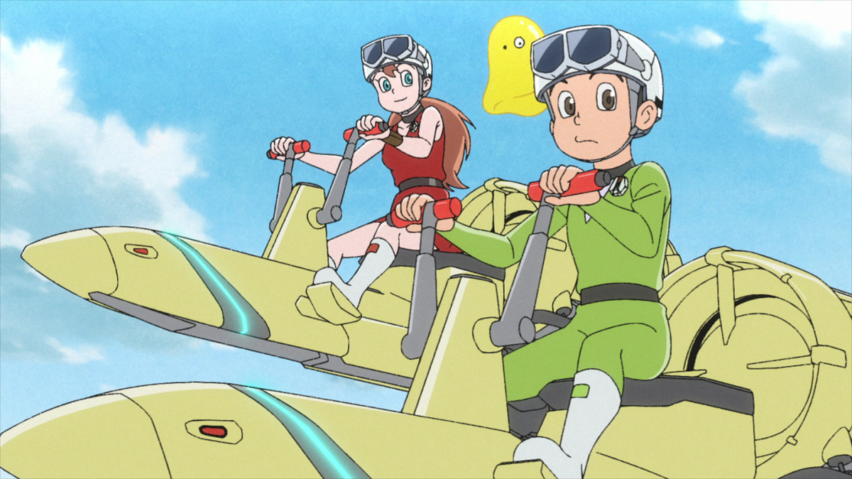 An anime boy and girl in futuristic uniforms sit on two floating futuristic vehicles with a floating yellow creature besides them in Time Patrol Bon.