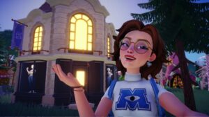 Katie standing outside of the Boutique in Disney Dreamlight Valley