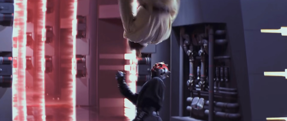 Obi-Wan hangs in mid-air over a nonplussed Darth Maul in The Phantom Menace.