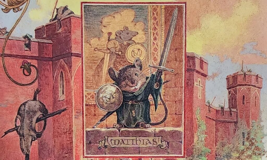 The ramparts of Redwall abbey, as seen on the cover of Redwall. In an inset panel, Mattias the mouse raises the sword and shield of Martin the Warrior, behind him is a tapestry of Martin with the same objects.