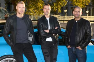 Chris Harris, right, is one of the Top Gear presenters - seen here with Freddie Flintoff and Paddy McGuinness