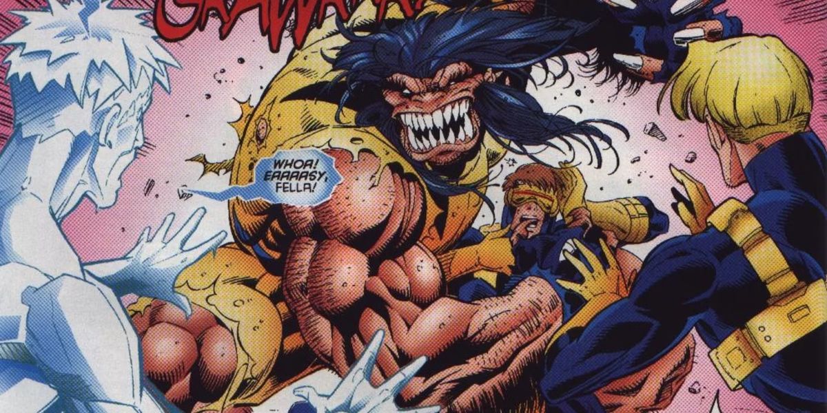 A fully bestial Wolverine, complete with a full mouth of sharp teeth, snarls at the X-Men. “Woah!” says Iceman, “Eaaaasy, fella!” as if he were talking to an animal. 