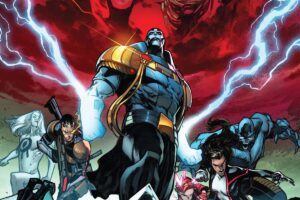 Summoner, Cable, Apocalypse, Rachel Grey, Monet St. Crox, and Beast face a horde of monsters, as the faces of the Four Horsemen loom in the clouds behind them, on the cover of X of Swords: Creation #1, Marvel Comics (2020).