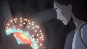 A woman regards a strange blooming flower with illuminated pollen emerging from it in the animated series Scavengers Reign.