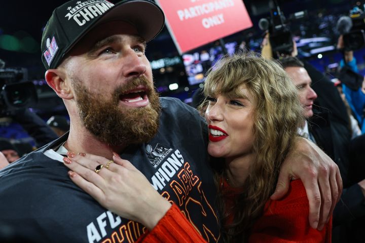 Kelce celebrates with Taylor Swift after the Kansas City Chiefs defeated the Baltimore Ravens in the AFC Championship in January.