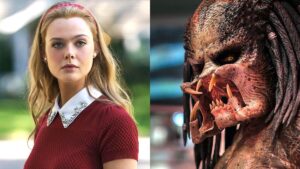 Elle Fanning in a red dress and headband split with a sloseup of the Predator