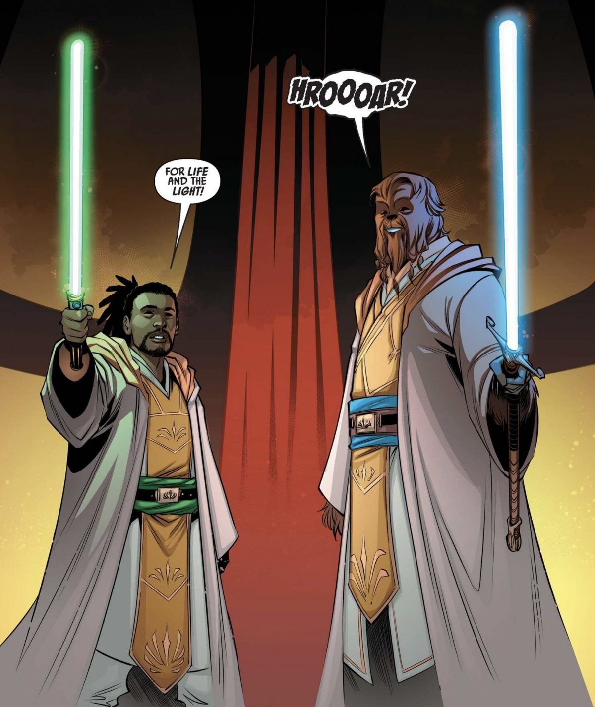 wookiee and another jedi stand together and wield their lightsabers
