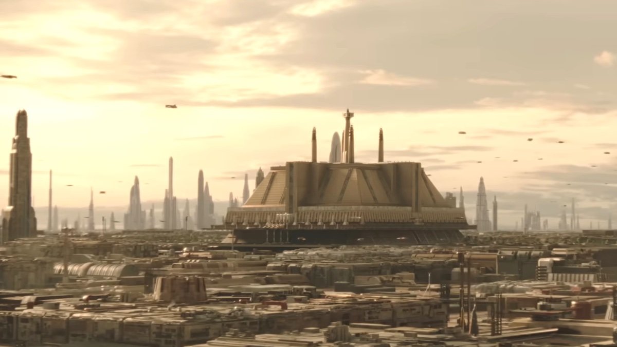 A sweeping view of Coruscant at dusk on the Acolyte