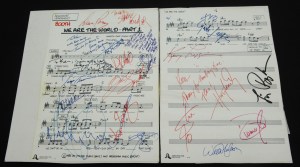 Soloist booth song sheet used for the 1985 recording of 'We are the World', individually signed by the artists involved, including Lionel Richie, Willie Nelson and Diana Ross.