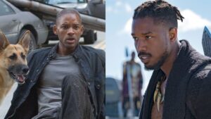 split image of will smith in i am legend and michael b jordan in black panther they will star in a sequel film