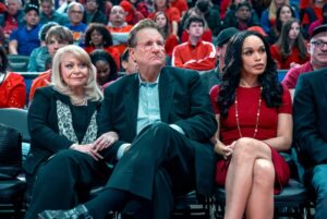 Ed O'Neill portrays Donald Sterling sitting courtside at a basketball game between his wife and his mistress.