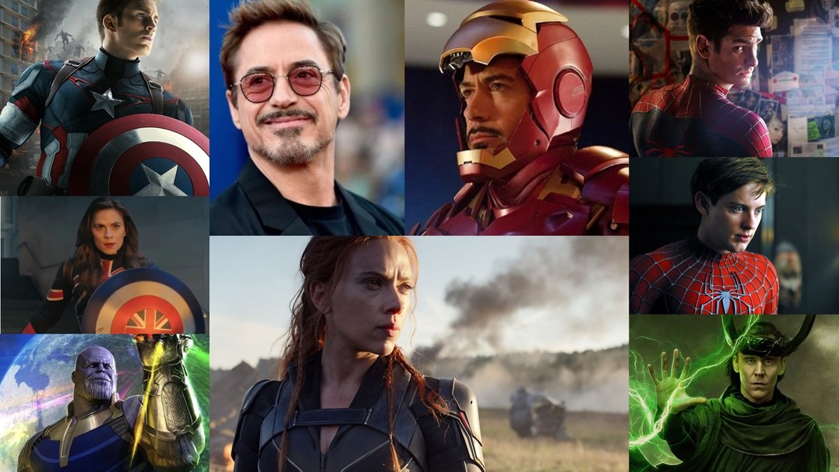 Classic MCU Avengers Captain America, Iron Man, Black Widow, Captain Carter, plus the Tobey Maguire and Andrew Garfield Spider-Mans, Loki, and Thanos. 