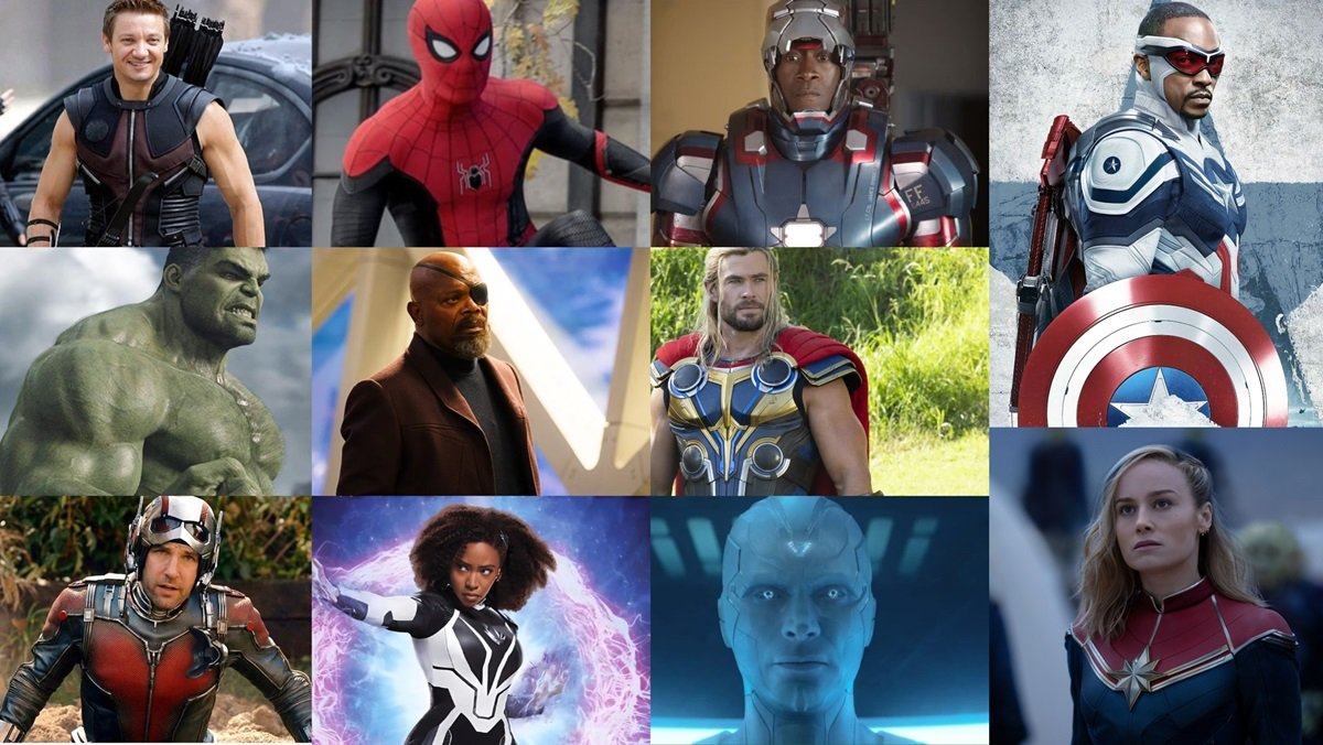 Avengers Hawkeye, Spider-Man, War Machine, Captain America, Hulk, Nick Fury, Thor, Ant-Man, Monica Rambeau, Vision, and Captain Marvel.