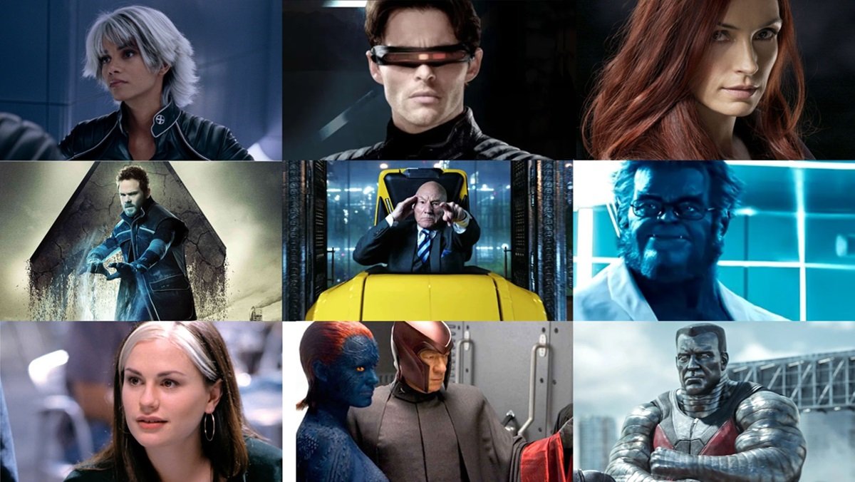 Several Twentieth Century Fox X-Men characters,, including Storm, Cyclops, Jean Grey, Iceman, Professor X, Beast, Rogue, Magneto, Mystique, and Colossus.