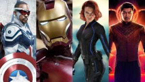 L to R, Anthony Mackie as Captain America, Robert Downey Jr. as Iron Man, Scarlett Johannson as Black Widow, and Simu Liu as Shang-Chi.