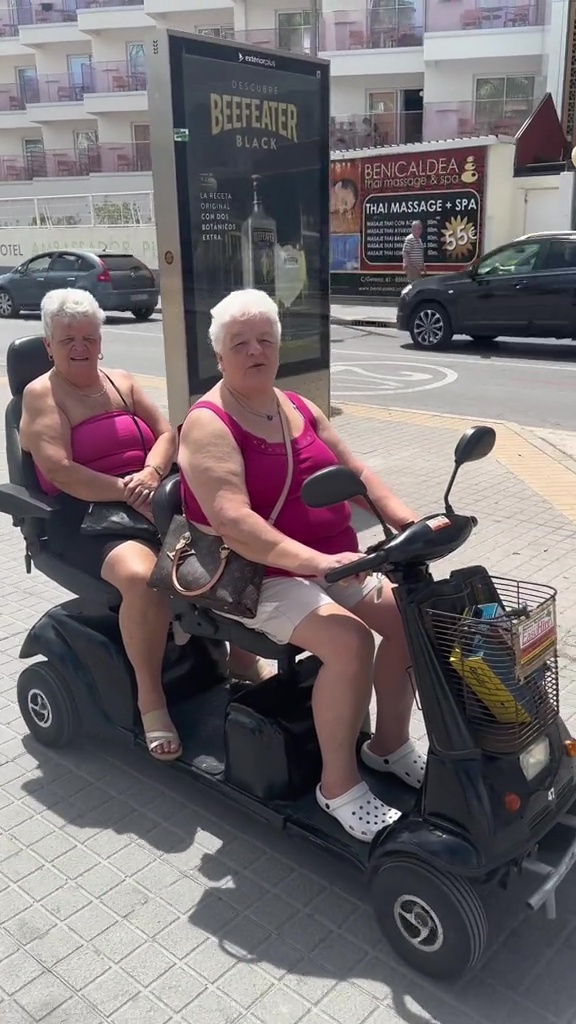 The fun-loving grans hit the strip on their mobility scooter