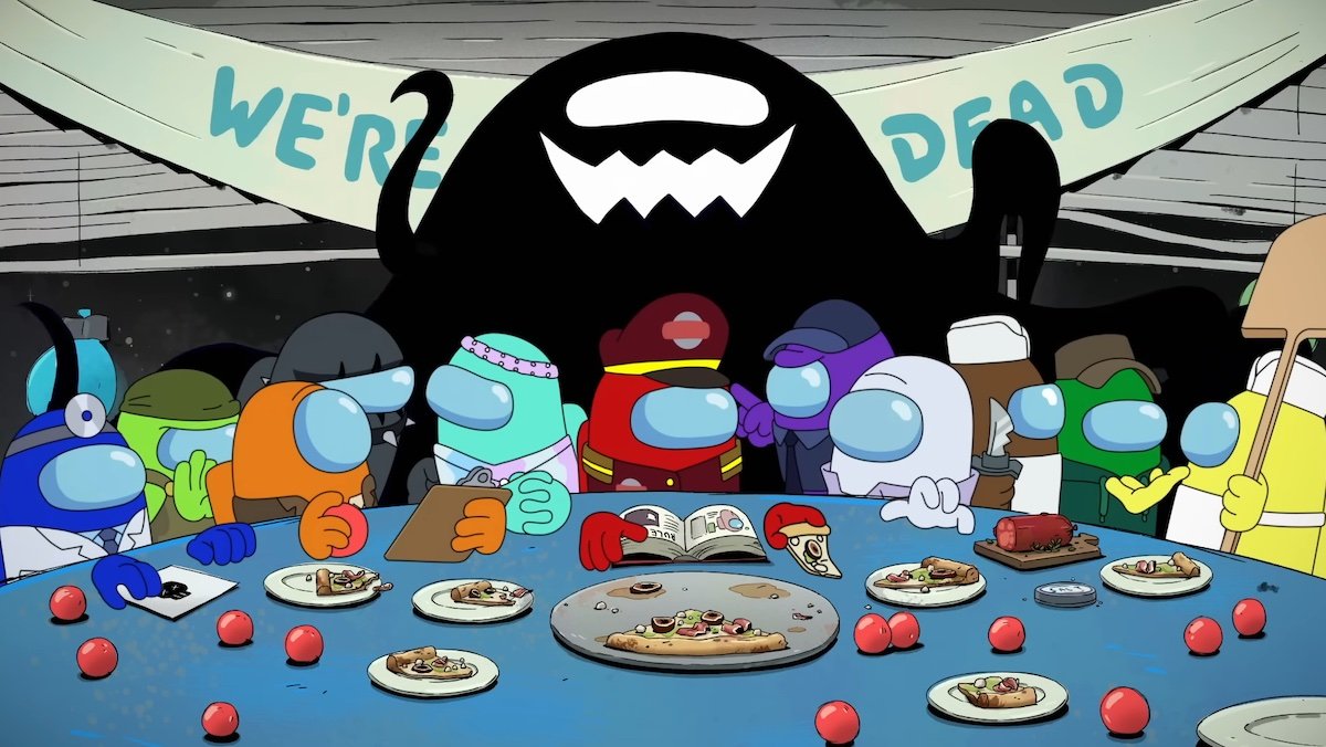 A giant black creature with white teeth and wavy arms looms behind a group of colorful astronauts at a table eating in Among Us the animated series