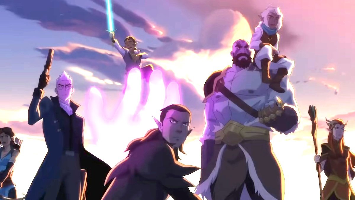 The characters of The Legend of Vox Machina standing in a powerful  purple-tinged tableau