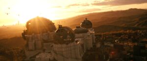 A setting sun shines over a destroyed Griffith Observatory in "Fallout."