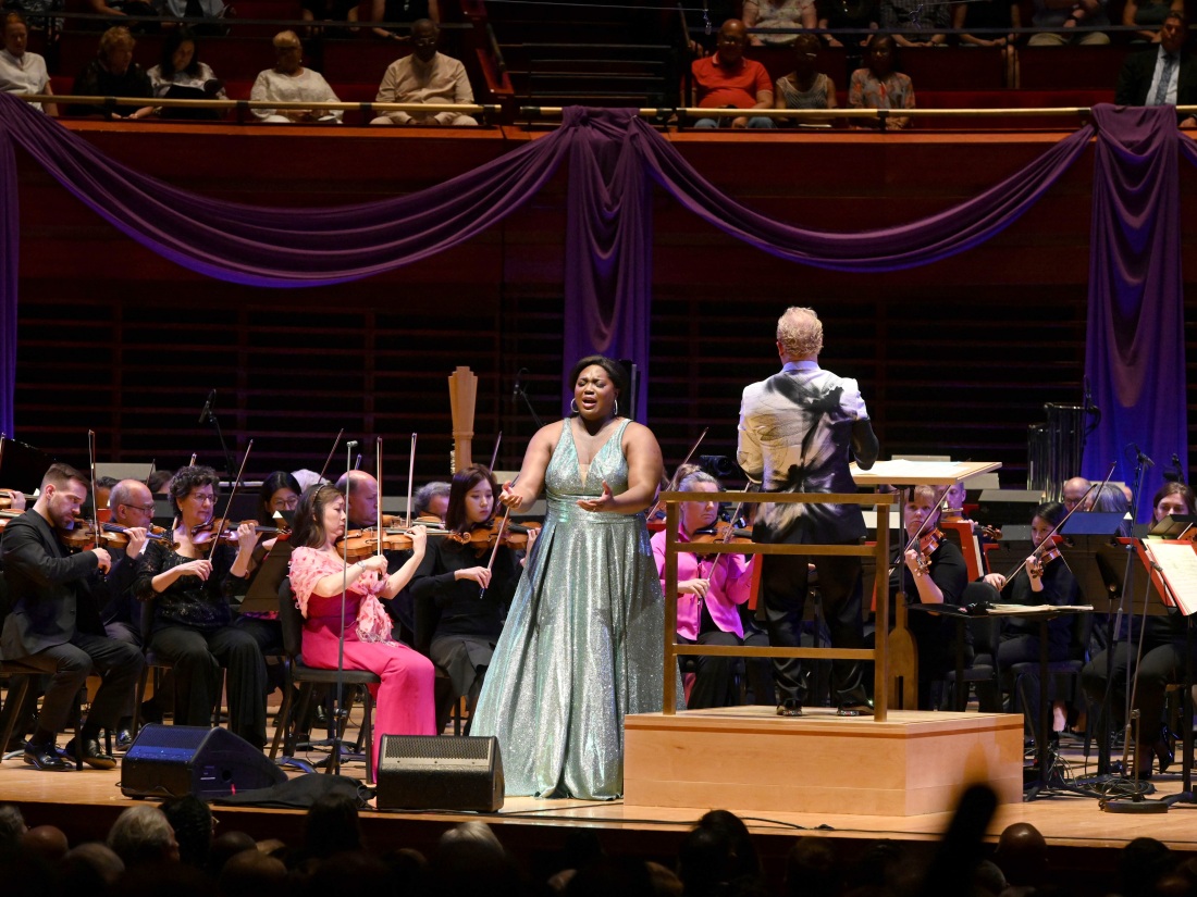Soprano Angel Blue (center) performs with conductor Yannick Nézet-Séguin and the Philadelphia Orchestra during a concert celebrating the renaming of the orchestra's main performance space as Marian Anderson Hall