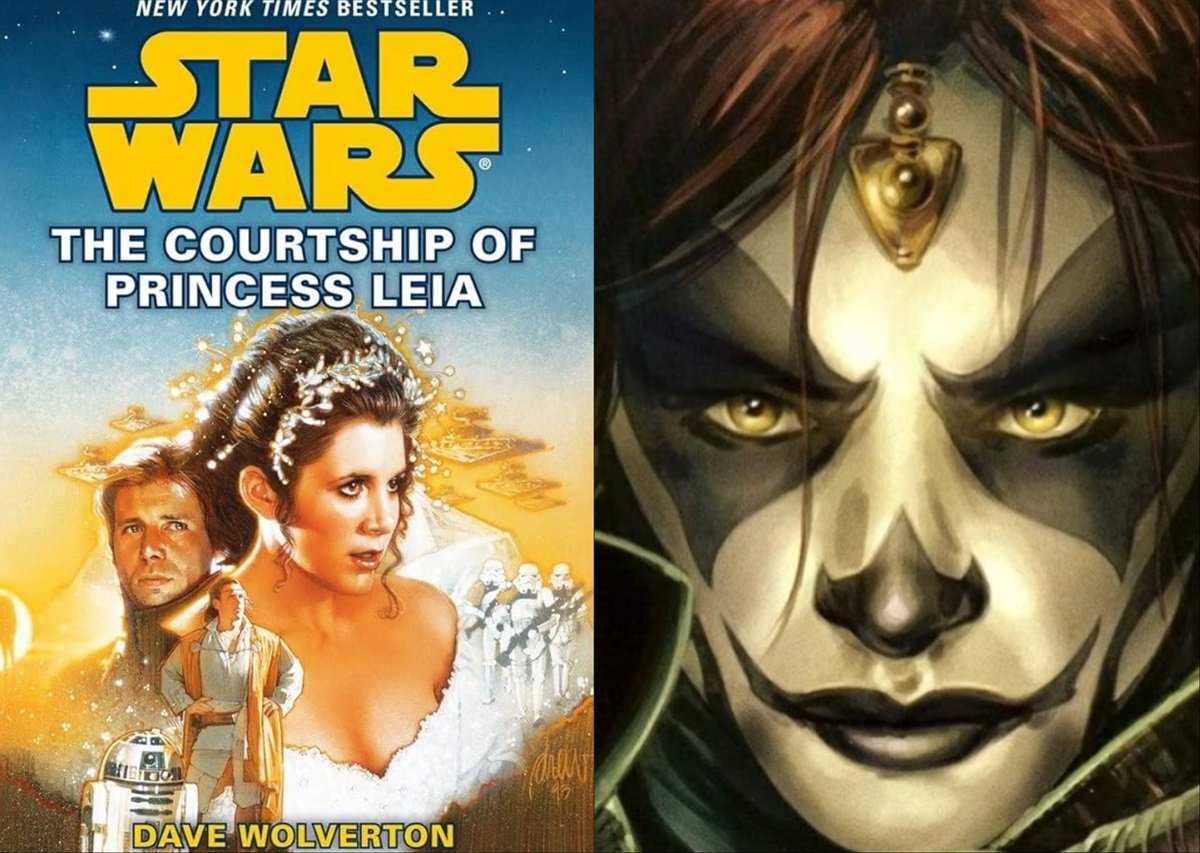 Cover art for the 1994 novel The Courtship of Princess Leia, and an illustration of the Nighsisters of Dathomir from Legends.