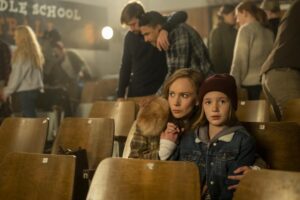 A woman and a girl sit together looking frightened in "Fargo."
