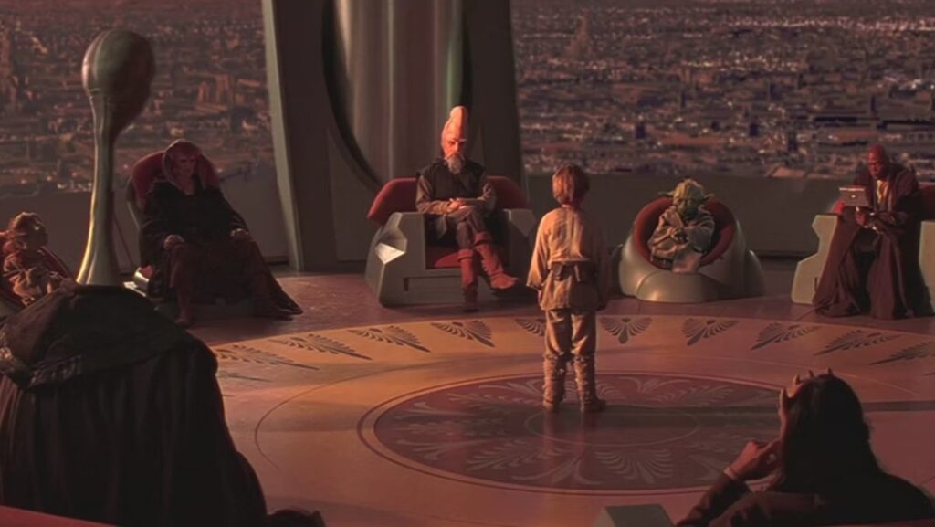 Anakin Skywalker is tested before the Jedi Council in The Phantom Menace.