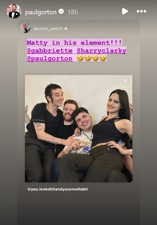 (Left to Right) Matty Healy pictured with Paul Gorton, Harry Clark, and Gabbriette Bechtel, originally posted on Healy's mother's – Denise Welch's – Instagram