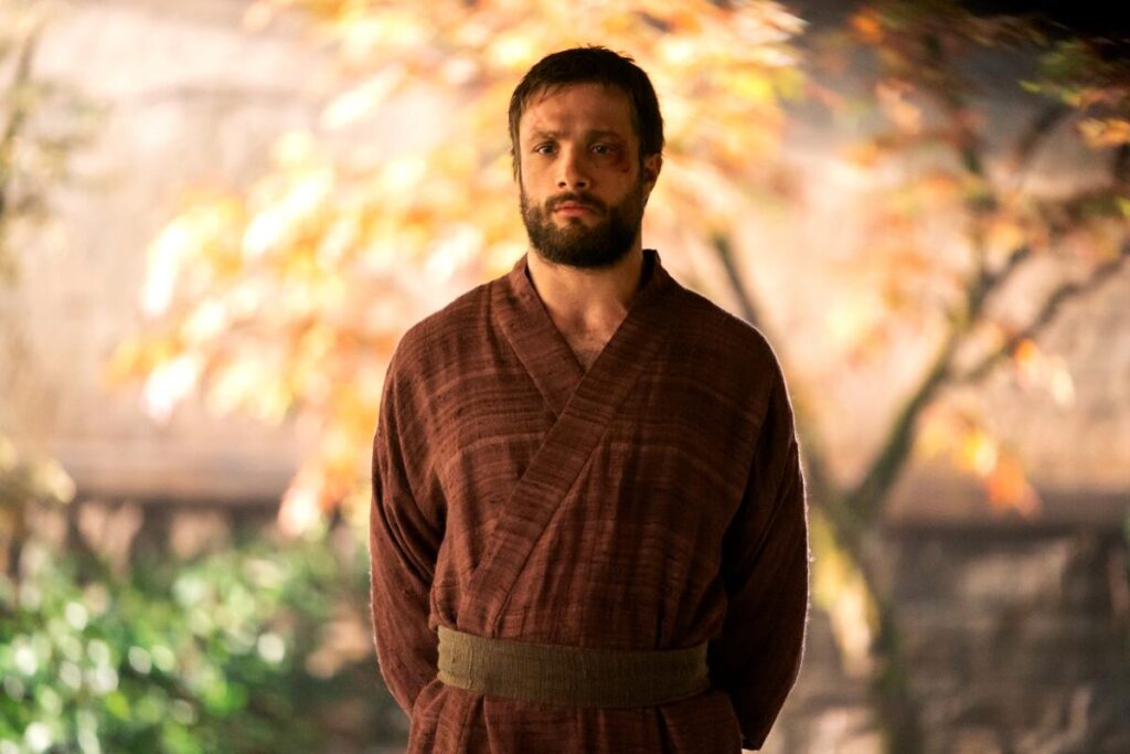 Cosmo Jarvis as John Blackthorne wears a kimono in a scene from "Shōgun."